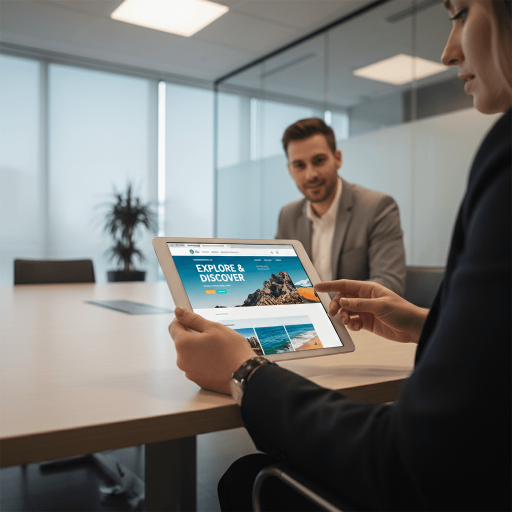 Designer presenting colorful website mockup on tablet to client across conference table during consultation meeting