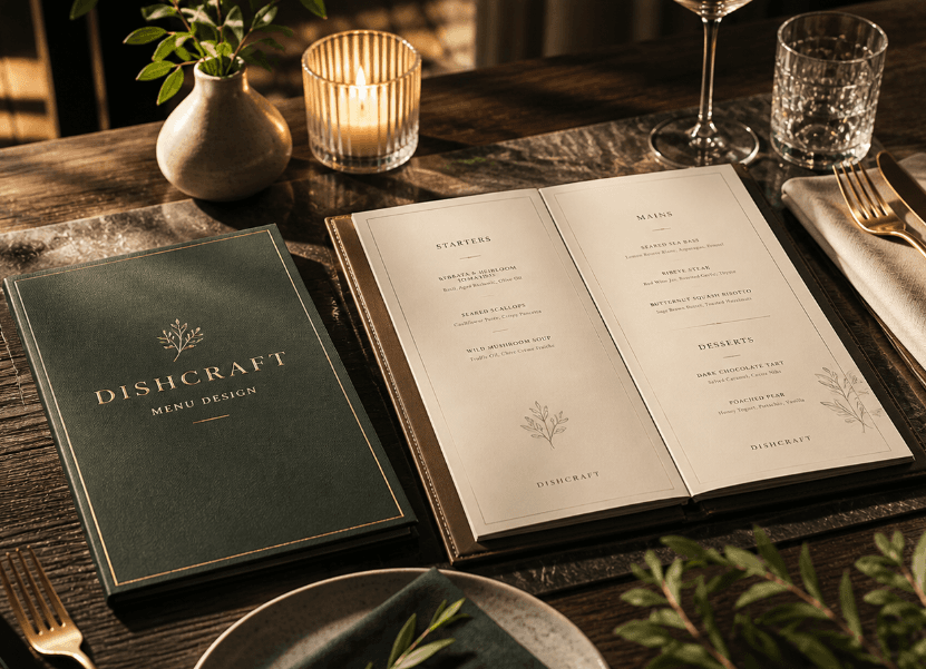 Elegant dark green menu cover and open menu on a candlelit table with gold cutlery.