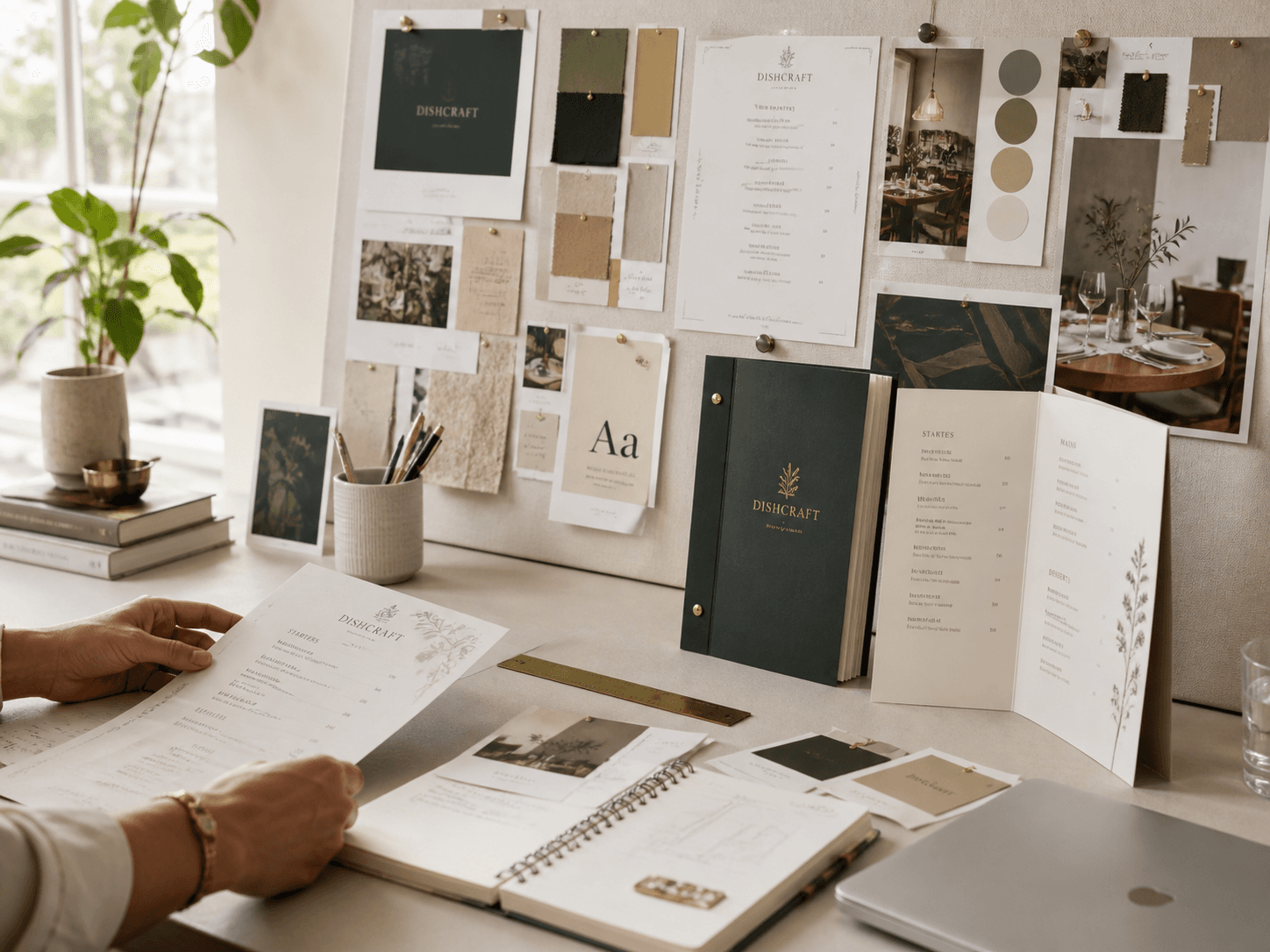 Hands holding a menu at a desk featuring a mood board and branding materials.